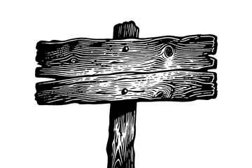 Old wooden blank signboard with wood grain texture, hand-drawn style on white background. Concept of rustic signage or vintage notice board