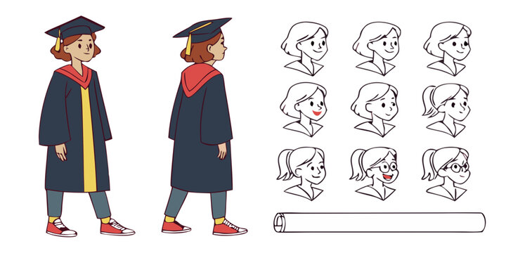 graduation character design sheet with multiple expressions and poses reference isolated on white background.