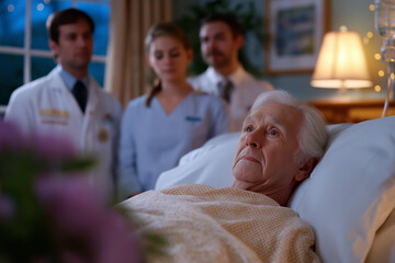 Elderly patient lying peacefully in a softly lit hospital room, surrounded by attentive medical staff, creating a calm and supportive atmosphere for healing and care