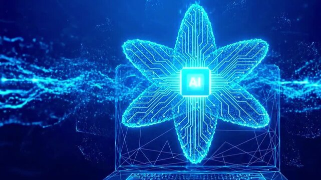 Blue ai chip flower design emerging from a laptop screen on a dark blue gradient background