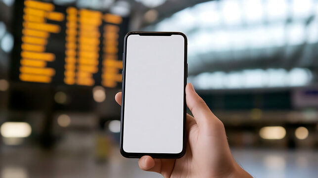 A hand holds a modern smartphone with a blank white screen in an airport, with a flight schedule board in the blurred background. Perfect for travel or mobile tech themes!