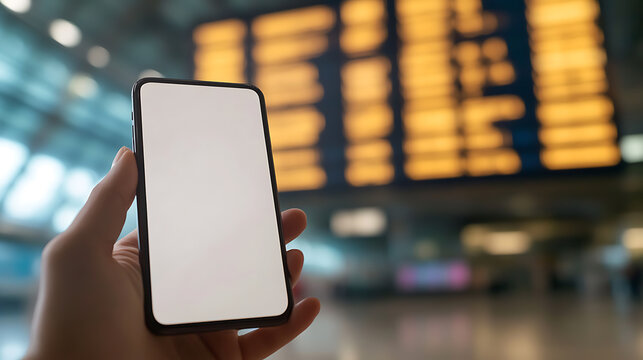 Hand holding a smartphone with a blank screen in an airport terminal, with a flight information display board in the background. Concept of travel and technology.