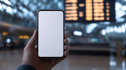 Traveler holds a blank smartphone screen in an airport terminal. The device displays a pristine white display, set against a backdrop of blurred flight information.