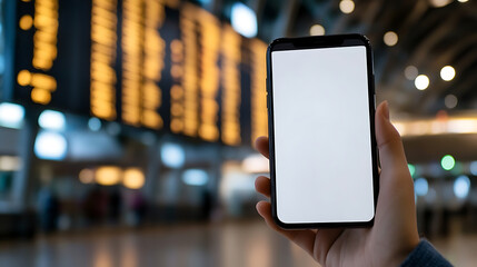 Mobile Device at Airport: A person holds a mobile device with a blank screen against the backdrop of a flight information display, suggesting travel app usage.