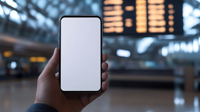 Traveler holds a blank smartphone screen in an airport terminal. The device displays a pristine white display, set against a backdrop of blurred flight information. - Powered by Adobe