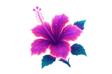 Glowing purple hibiscus flower illustration with teal leaves, tropical fantasy botanical art, transparent background