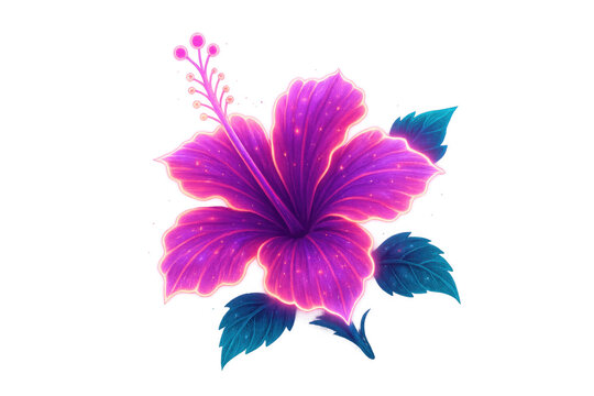 Glowing purple hibiscus flower illustration with teal leaves, tropical fantasy botanical art, transparent background