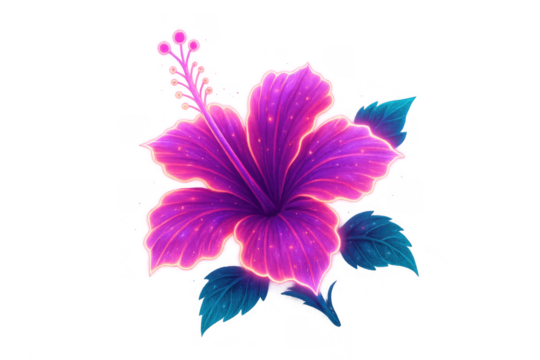 Glowing purple hibiscus flower illustration with teal leaves, tropical fantasy botanical art, transparent background