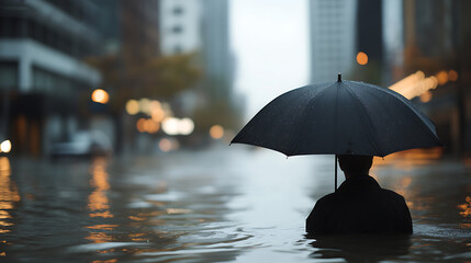 Amidst urban floods, a figure braves the waters with an umbrella, symbolizing resilience in the face of environmental challenges. City's skyline blurred by rain.