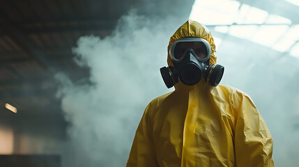 Person in a yellow hazmat suit, equipped with a respirator and protective goggles, stands against a backdrop of smoke, embodying themes of risk, safety, and caution.