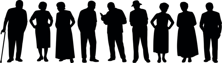 Fototapeta premium Silhouettes of diverse senior people standing together vector illustration collection