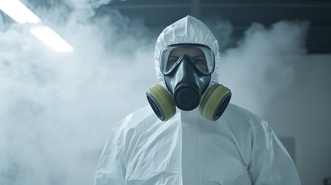 Person in a protective suit and gas mask surrounded by smoke, ready for biohazard response. Equipped for safety in hazardous conditions, standing in the smoky room.