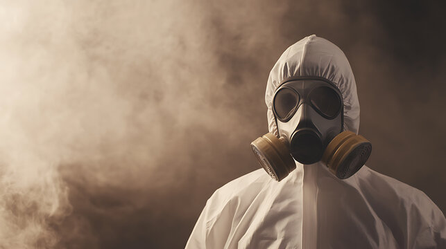 A figure in a full hazmat suit and gas mask emerges from a cloud of thick smoke, creating a sense of impending danger and the necessity for protective measures.