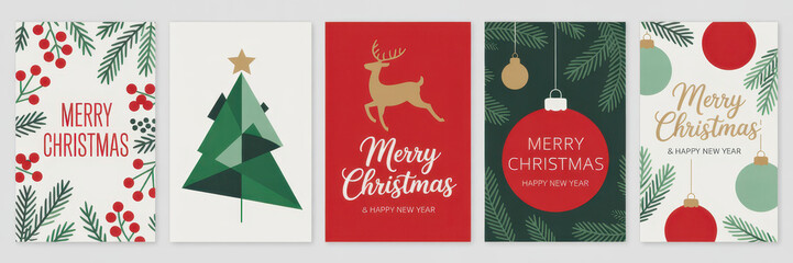 Set of Christmas greeting cards featuring trees reindeer and ornaments perfect for holiday wishes and seasonal designs