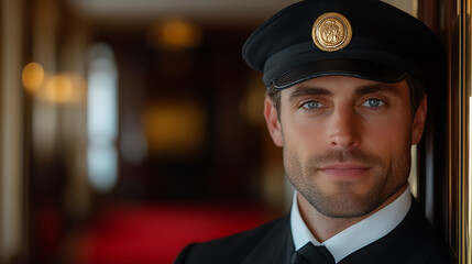 A refined gentleman in uniform stands with calm confidence and sophistication. He offers a friendly smile as a greeting to the viewer. His eyes are captivating and alluring.