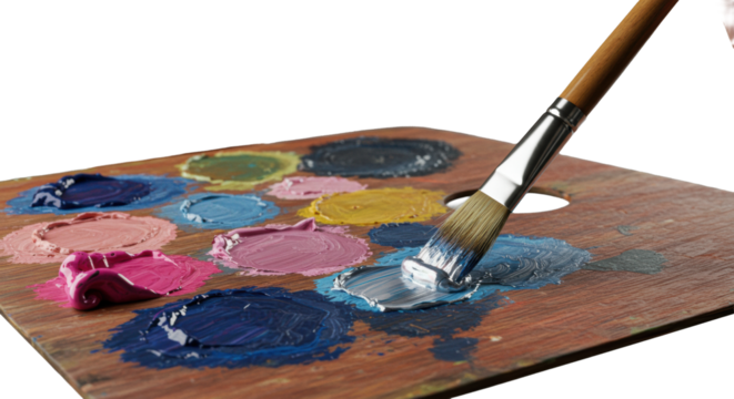 Macro close-up of dark-stained artist's palette with textured oil paints and flat brush applying iridescent silver, on transparent background, blurred art brushes, concept of artistic process and