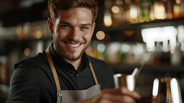 Charming bartender with a warm smile and professional attire is ready to craft unique cocktails for his customers, creating unforgettable experiences at the bar.