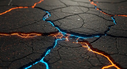 Dark Cracked Ground with Luminous Blue and Orange Veins. Abstract Energy Network on Textured Surface.