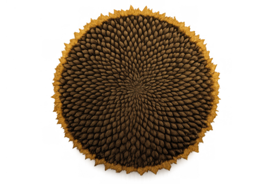 Sunflower seed head displaying natural fibonacci spiral pattern and intricate texture, transparent background - Powered by Adobe