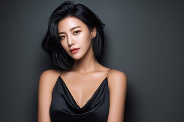 Naklejka premium Asian woman posing in elegant black dress