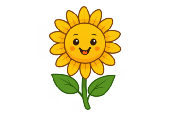 Cute cartoon sunflower character smiling, showing happiness and joy, ready for spring and summer designs