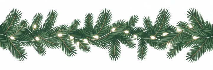 Christmas garland with pine branches and string lights festive decoration for holiday season isolated on white background