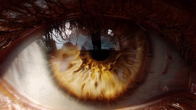 Amazing detailed macro shot of a brown human eyeball zooming in to the pupil, showing the intricate and unique texture of the iris with eyelashes, sclera and retina reflecting light