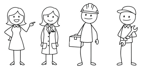 Diverse Careers Cartoon Drawing Businesswoman Doctor Construction Worker Plumber Stick Figures Job Professions Teamwork