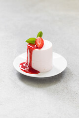 Vegan Vanilla cream pudding, Panna Cotta cylindrical shape. With Strawberry sauce. Close up