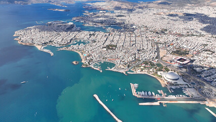 Obraz premium Aerial drone photo of famous port of Piraeus, Marina Zeas, Tourkolimano and area of Phaliron as seen from high altitude, Attica, Greece