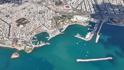 Aerial drone photo of famous port of Piraeus, Marina Zeas, Tourkolimano and area of Phaliron as...