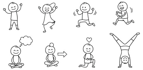 Fototapeta premium Stick Figures Movement Emotions Happiness Balance Thoughts Transformation Action and Joyful Cartoon Illustrations on