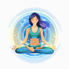 A serene woman meditating in lotus pose with a glowing blue and yellow aura, depicting peace and mindfulness.