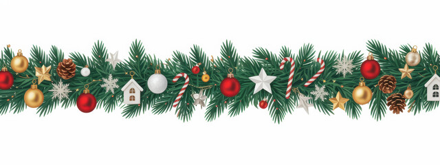 Christmas garland with ornaments pine cones and candy canes festive vector decoration for holiday designs