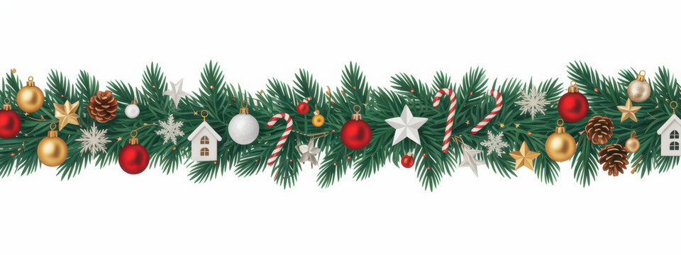 Christmas garland with ornaments pine cones and candy canes festive vector decoration for holiday designs