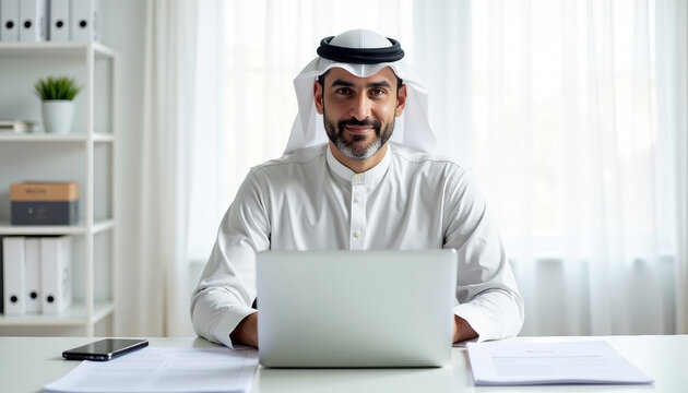 Professional middle eastern businessman working on laptop in office with copy space