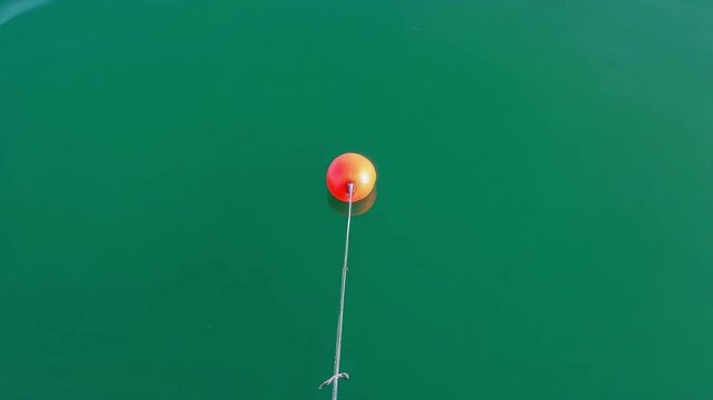 A red buoy floats on the surface of the green sea, marking a spot in the water.