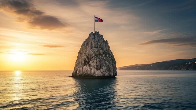 Norwegian Flag Flying on a Rocky Sea Stack at Sunset with Dramatic Clouds Norway island