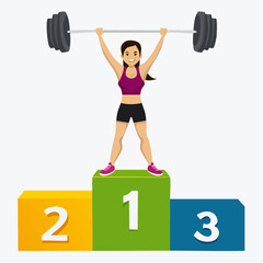 Obraz premium A woman weightlifting on a podium, celebrating a first-place victory in a competition.