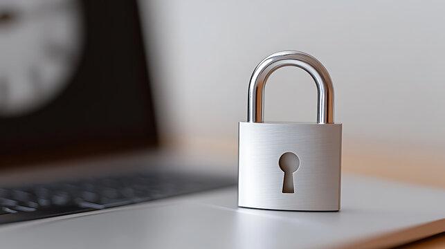 Laptop Security: A shiny, metal padlock rests atop a laptop, symbolizing data protection and digital privacy. It emphasizes the importance of online safety and security measures. - Powered by Adobe