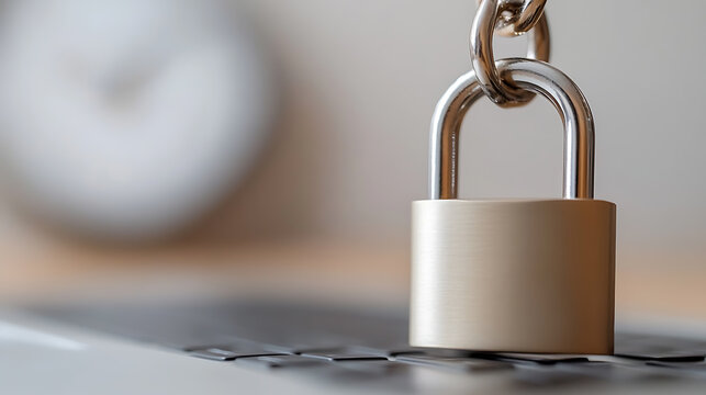 A padlock with a chain on top of a laptop keyboard in a close-up shot, symbolizing security, cybersecurity, and data protection in the digital age and importance of privacy.