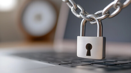 Close-up of a metal padlock and chain securing a laptop keyboard, representing data security and protection. Protecting digital information with hardware and encryption.