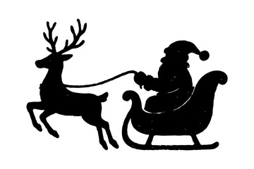 Santa Claus silhouette riding in sleigh pulled by reindeer, hand-drawn style on white background. Concept of Christmas tradition and holiday