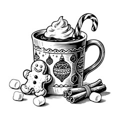 Hand-drawn style image of a holiday mug with whipped cream, candy cane, gingerbread man, cinnamon sticks, marshmallows on white background