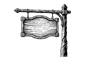 Rustic wooden signboard hanging from a carved post, black and white engraving style on white background, concept of vintage signage