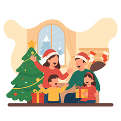 Merry Christmas Celebration in a Cozy Living Room — Modern Flat Design Illustration