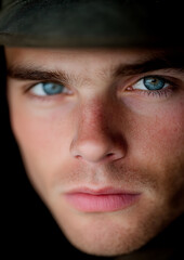 Obraz premium A striking close-up captures the essence of youth. The light accentuates the youthful skin, framed by a dark background, drawing viewers into the soulful gaze of the model.