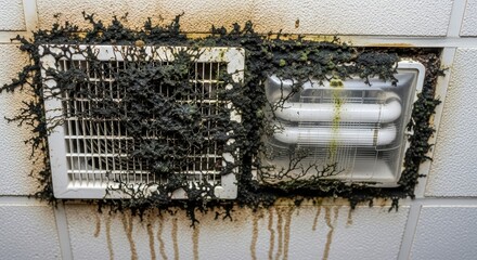 Moldy bathroom vent with severe black mold growth on white tiles
