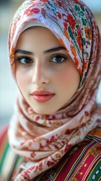 Young beautiful Afghan woman wearing colourful hijab. Arabic Muslim lady in traditional clothes