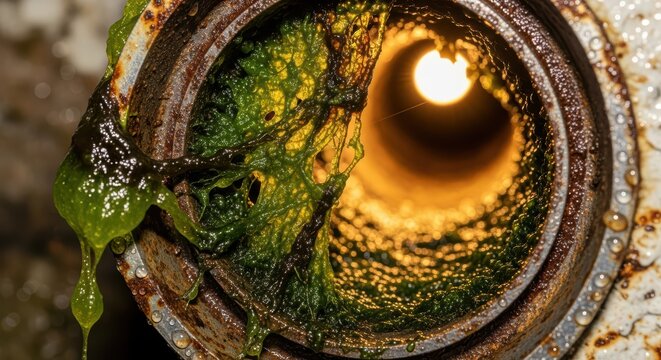 Close-up of slimy green algae inside rusty metal pipe